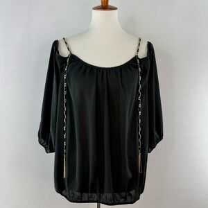INC Black Off Shoulder Blouse with Gold Metallic Chain Embellishment